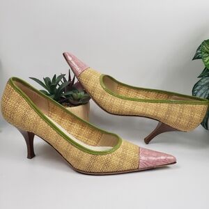 Prada Raffia Pink Peach Croc Green Pump Heel sz EU 38.5 US 8.5